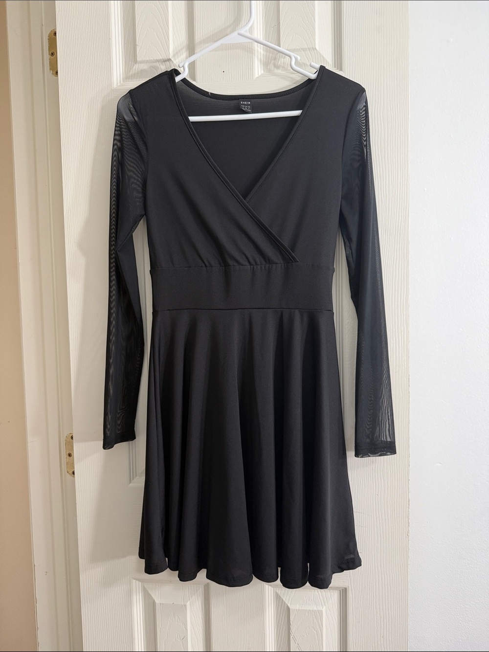 SHEIN Black Long Sleeve Mesh-Sleeve Wrap Skater Dress